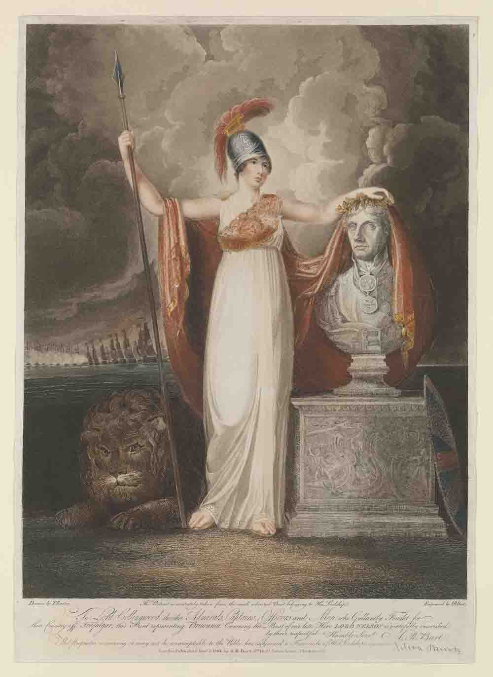 Britannia crowning the bust of our late hero, Lord Nelson. Engraving by A.R. Burt 