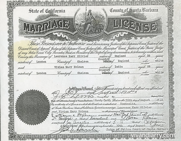 Facsimile of Laurence Olivier and Vivien Leigh's marriage license